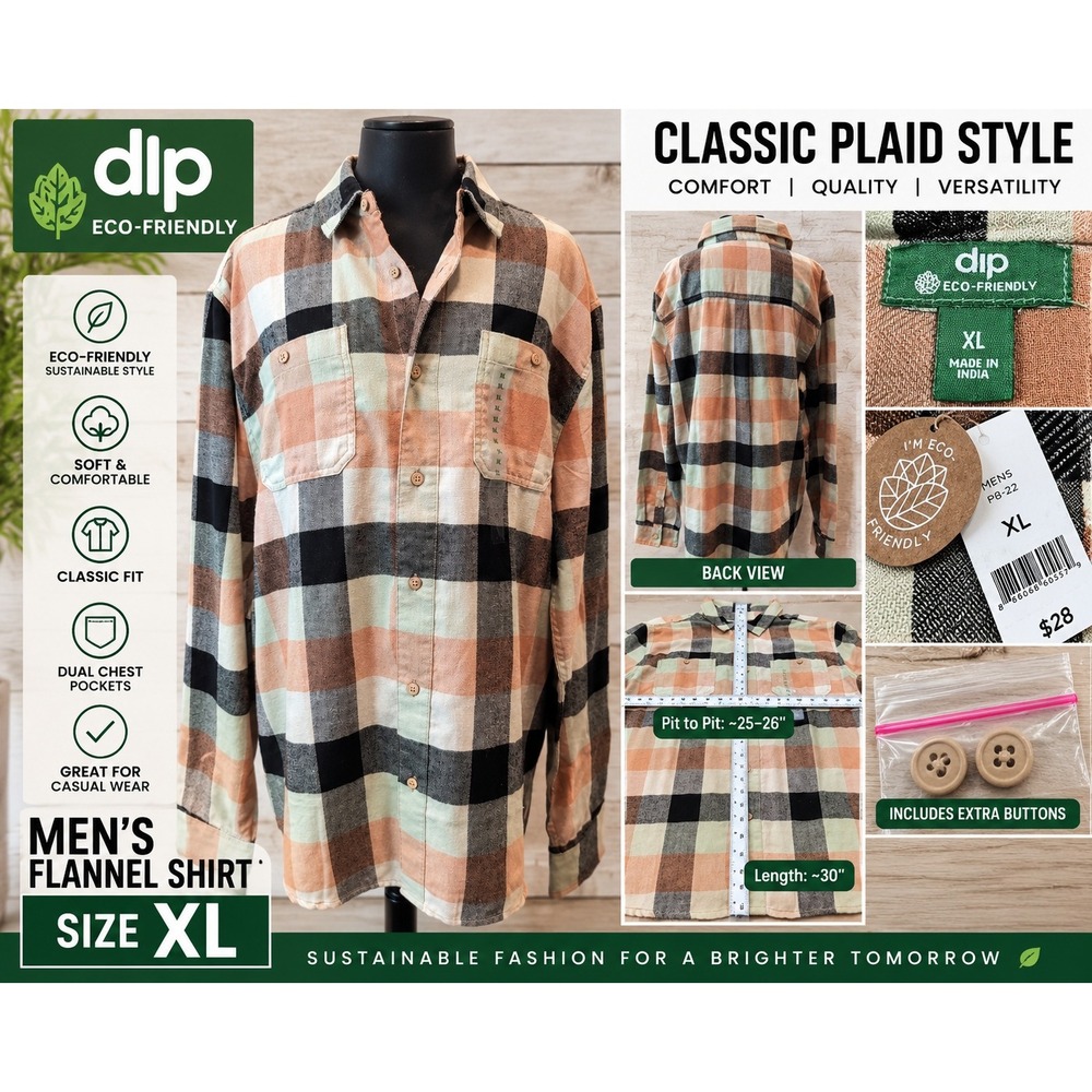Dip Eco-Friendly Mens Flannel Shirt XL Orange Black Plaid Button Down PB-22 NEW